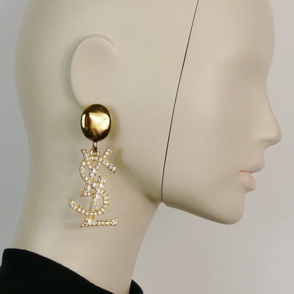 YVES SAINT LAURENT Vintage YSL Massive Diamante Logo Dangling Earrings - Picture 11 of 11